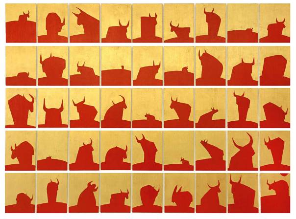 יונתן אופק, "צלמיות", שמן ועלי זהב על עץ, 2012 צילום: רן ארדה