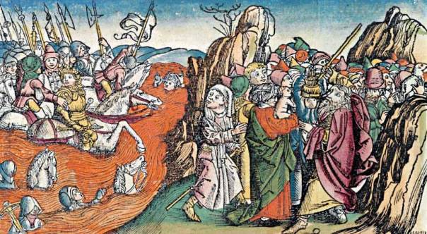 שלא כמונו, בני ישראל לא הכירו את סיפור יציאת מצריים. חיתוך עץ מתוך כרוניקת נירנברג, 1493