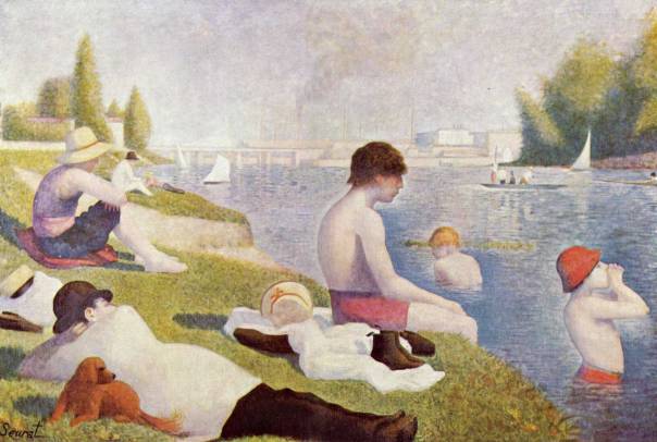 "כשאני רואה היום את הצעירים... נראה לי שלא ארבעים שנה בלבד חוצצות ביניהם לבינינו, אלא אלף שנים" (סטפן צוייג).  ז'ורז' סרה, מתרחצים באנייר, 1844