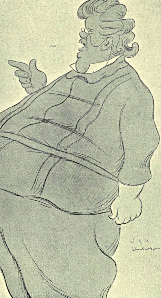  "קריאה המשולה לשיטוט בבוסתן מלא עצי פרי נדירים". צ'סטרטון בקריקטורה של מקס בירבוהם, 1907 צילום: אי.פי.אי 