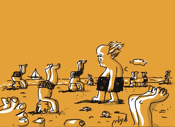 בדידות וחוסר יכולת לשמר קשרי חברות. דוד בן־גוריון באיור של עמוס אלנבוגן, 2012