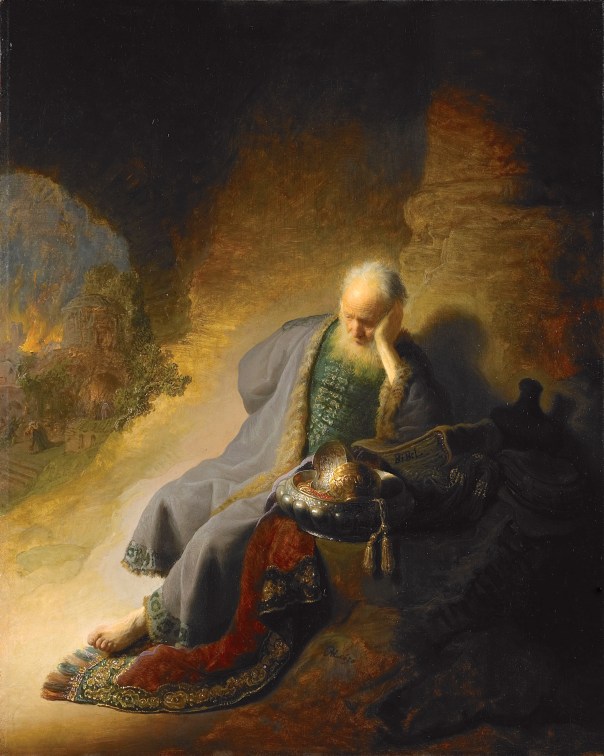 הוא משפיל את עיניו, נוכח כל כולו ברגע הנורא. "ירמיהו מבכה את חורבן ירושלים", רמברנדט, 1630