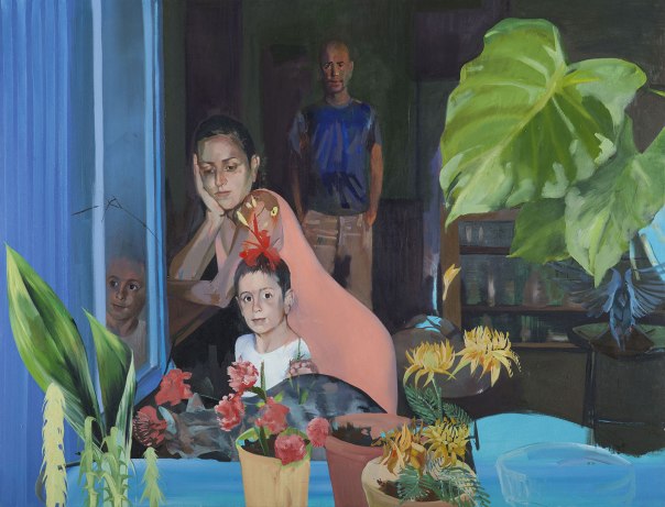 הילד אינו יודע איזו סערה הוא יוצר סביבו. מאיה ישראל, דיוקן משפחתי, שמן על בד, 2015 צילום: יעקב ישראל