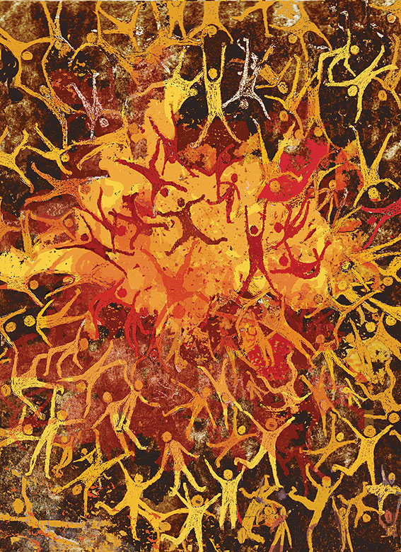 שרה בורשטיין, אש, 2015. מתוך "מים - אש", הביאנלה הרביעית להדפס, המוצגת במבנה טחנת הקמח הצלבנית ב"שמורת טבע עין אפק" במפרץ חיפה