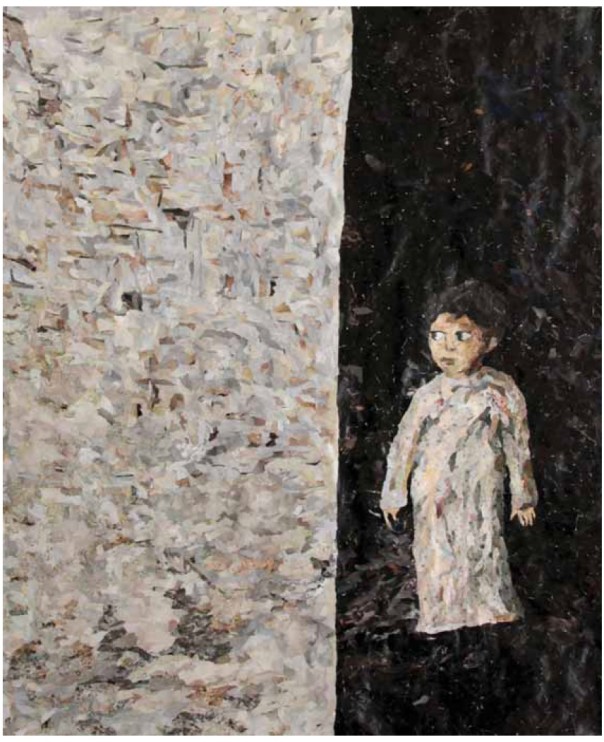 היתום אומר, הציבור עונה.
נאוה ט' ברזני, ללא כותרת, קרעי נייר ודבק פלסטי, 2011 מתוך התערוכה "קדיש", המוצגת מה–22.12 במקלט לאמנות, רח' יהודה
המכבי 7, ירושלים 