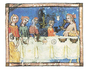 מעשה אצילי. הגדת סרייבו, שולחן הסדר, ברצלונה, 1350 