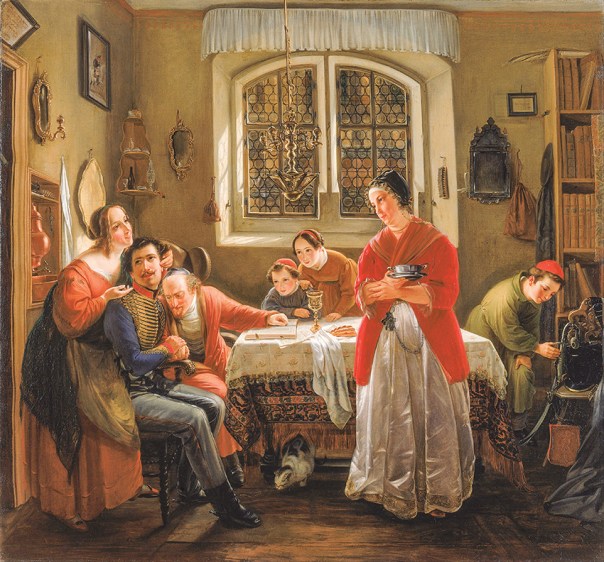 המשפחה מקבלת באהבה את "הבן האובד". מוריץ דניאל אופנהיים, שובו של המתנדב היהודי ממלחמות החירות למשפחתו, 1834. 