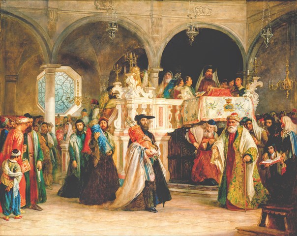 להעניק תוכן ליום שמיני עצרת לאחר החורבן. שמחת תורה בבית הכנסת באיטליה, סולומון הארט, 1850